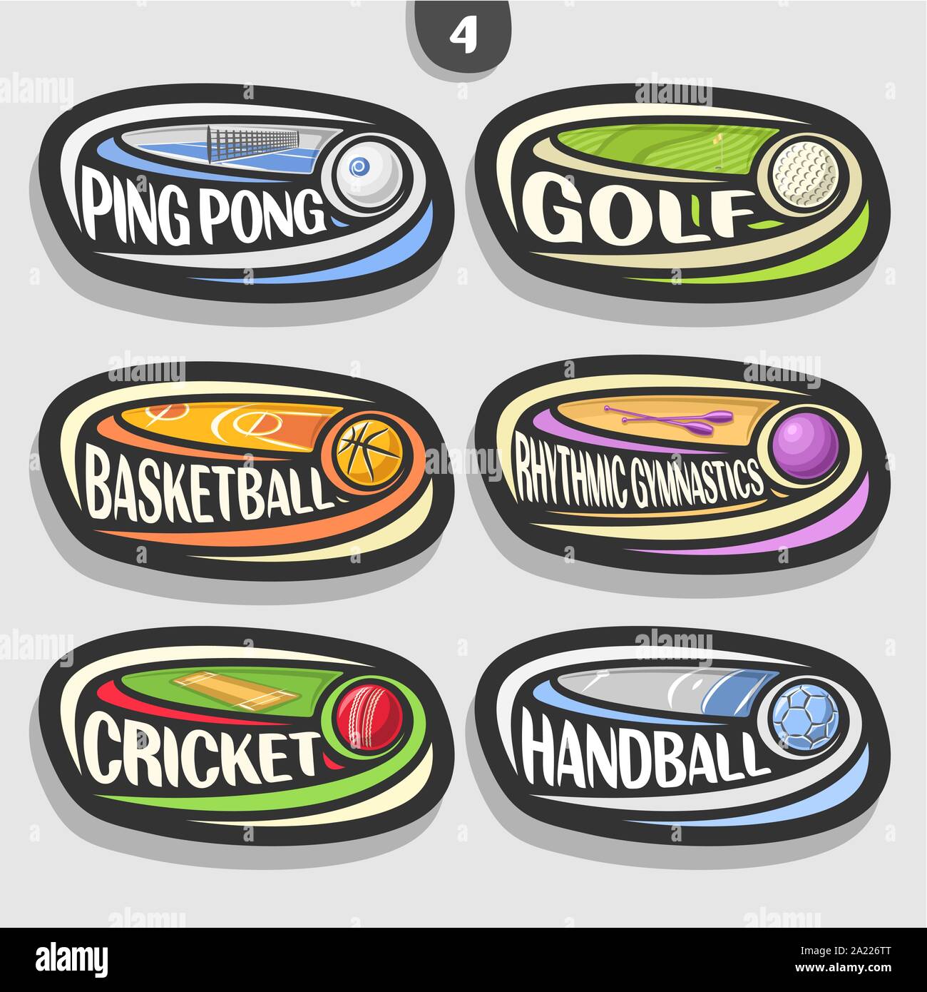 Vector set of sport logos, 6 badges simple ovale avec flying ball sur trajectoire courbe, signes de sport minimaliste avec du matériel original, jeux t Illustration de Vecteur