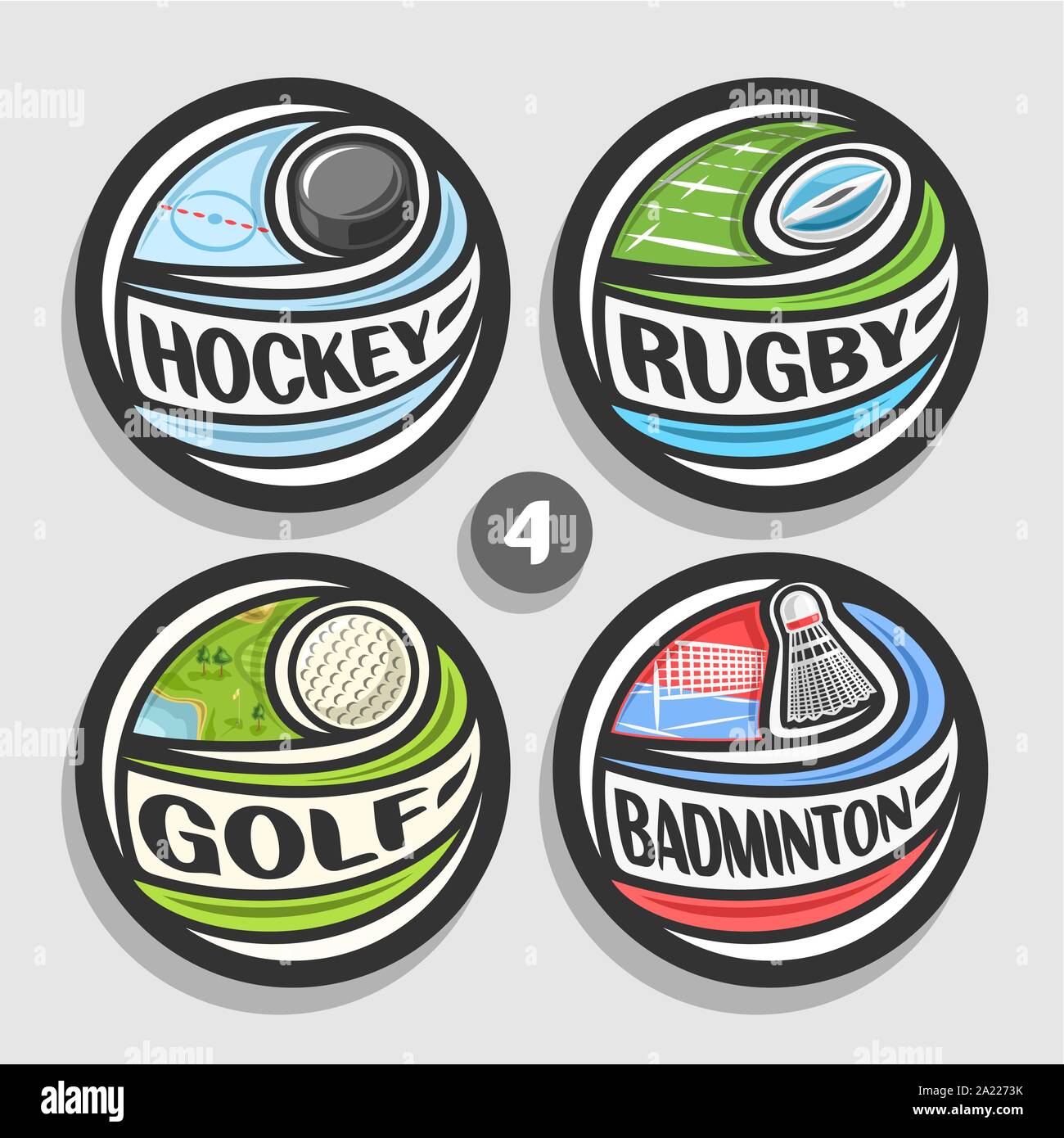 Vector set of sport logos, 4 badges simple ronde avec flying ball sur trajectoire courbe, cercle des signes de sport minimaliste avec des équipements de jeux, ou Illustration de Vecteur