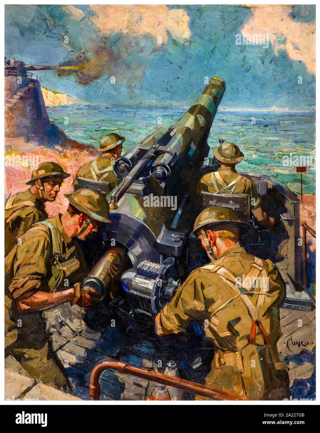 British, WW2, graphismes, batterie côtière, scène (qui tiraient une grande arme de l'artillerie), peinture par Terence Cuneo, 1939-1946 Banque D'Images