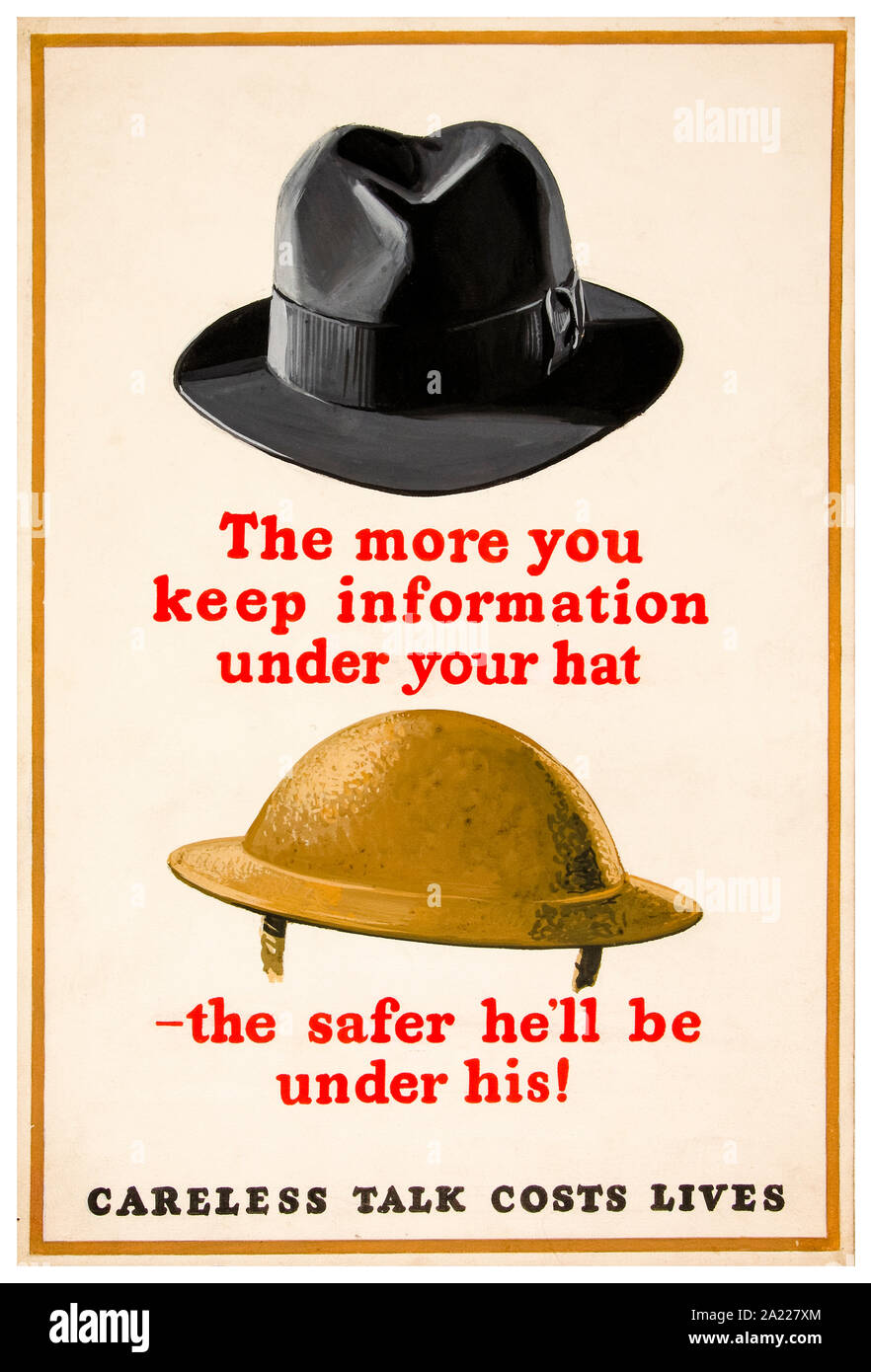 British, WW2, la négligence, l'affiche de parler plus de vous garder l'information sous votre chapeau le plus sûr qu'il va être sous son chapeau et civil, (casque militaire) 1939-1946 Banque D'Images