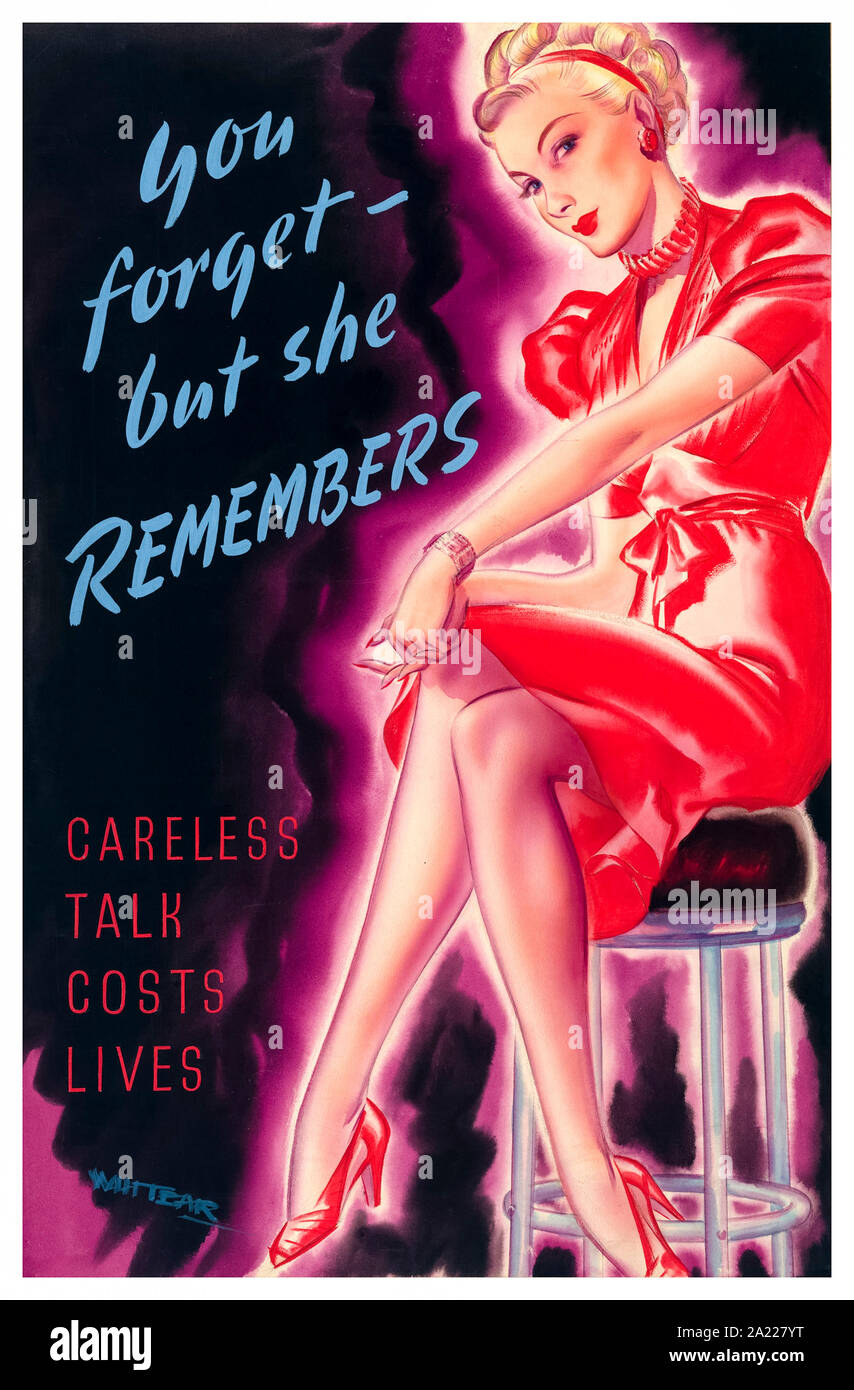 British, WW2, mais vous oubliez qu'elle se souvient, (femme sur tabouret de bar), la négligence parler coûte des vies, affiche, 1939-1946 Banque D'Images British, WW2, mais vous oubliez qu'elle se souvient, (femme sur tabouret de bar), la négligence parler coûte des vies, affiche, 1939-1946 Banque D'Images