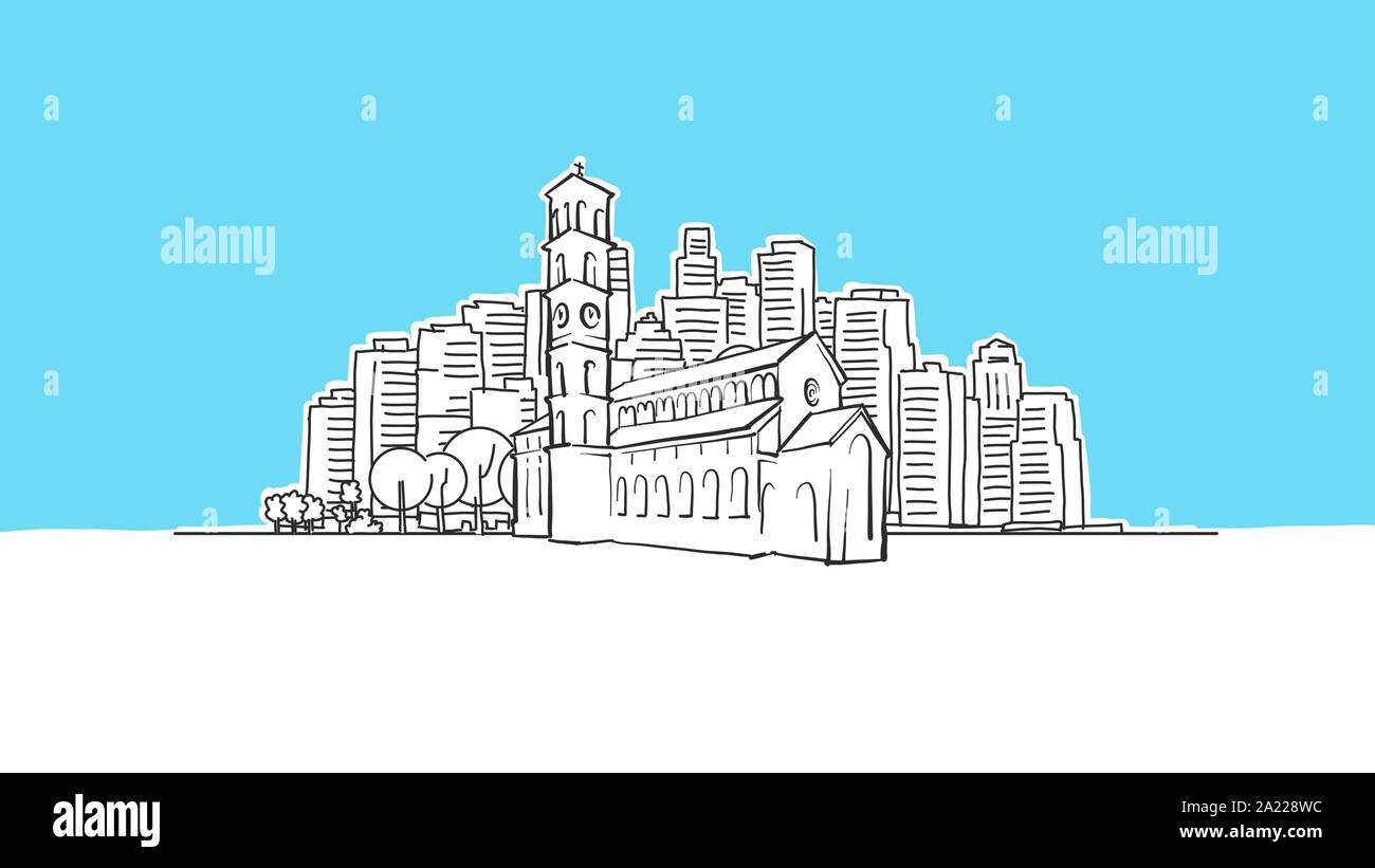 Église chrétienne vecteur Lineart croquis. et tiré l'illustration sur fond bleu. Illustration de Vecteur