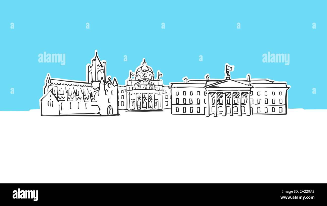Irlande Dublin Vector Lineart croquis. et dessiné l'illustration sur fond bleu. Illustration de Vecteur