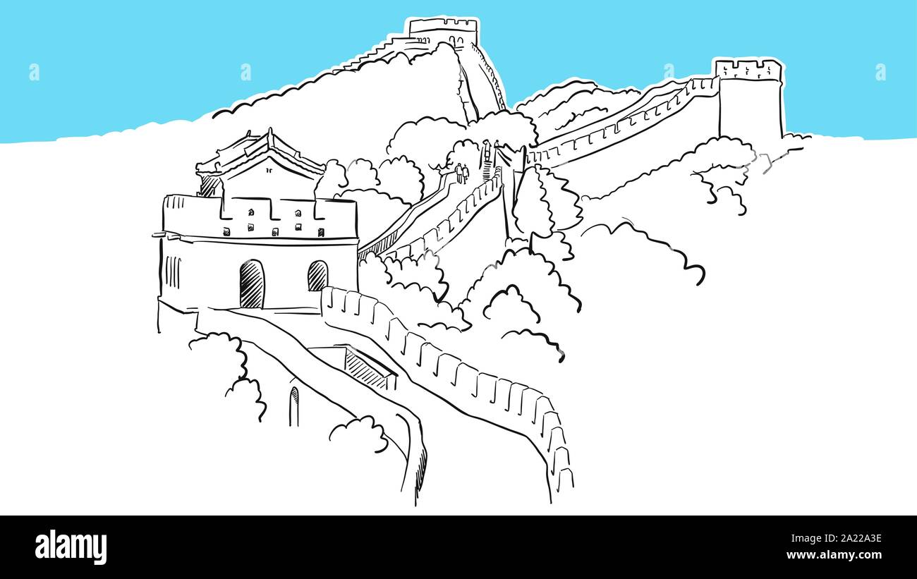 Chine Grande Muraille Lineart Croquis Vecteur Illustration tirée. et sur fond bleu. Illustration de Vecteur