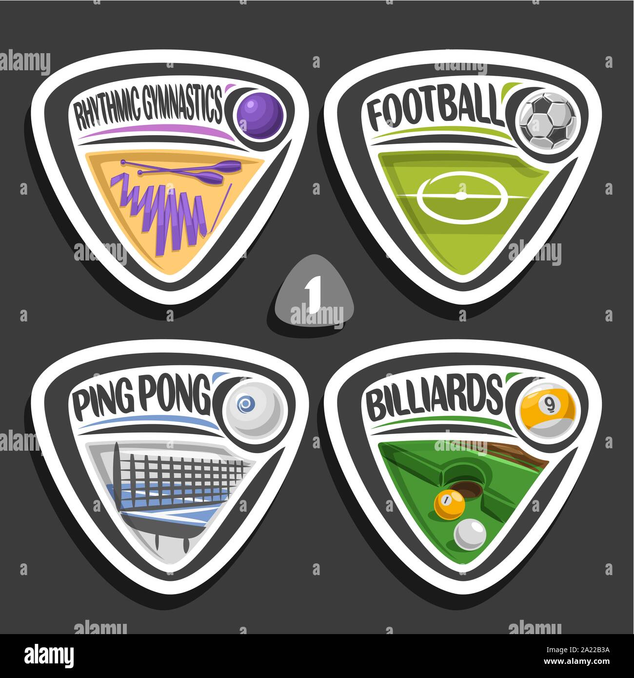 Vector set of sport logos, 4 badges simple triangle avec des balles, des signes de sport minimaliste avec l'équipement de jeu pour le Sporting club ou l'école, de l'origine Illustration de Vecteur