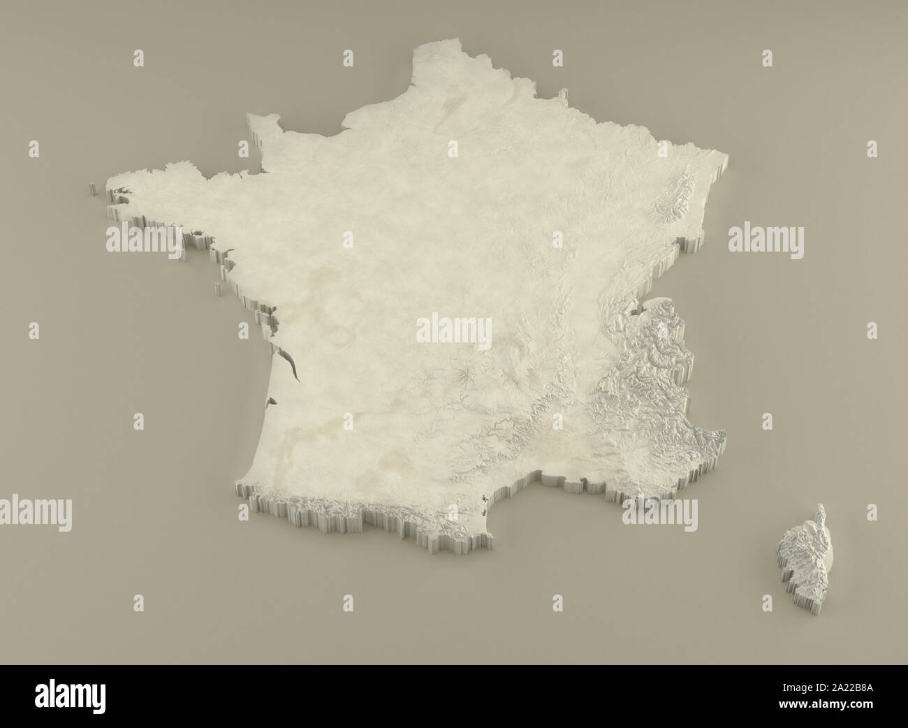 3D extrudé Carte politique de la France avec soulagement que le marbre sculpture sur un fond beige lumière Banque D'Images