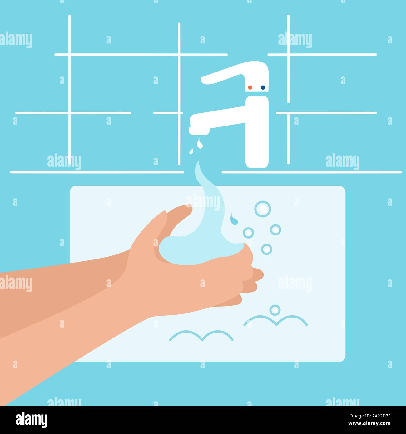 Illustrations vectorielles à propos de lavage, de l'hygiène, les soins de santé. Robinet de la salle de bain avec verser de l'eau, du savon et des mains. Modèle de conception, l'icône. Illustration de Vecteur