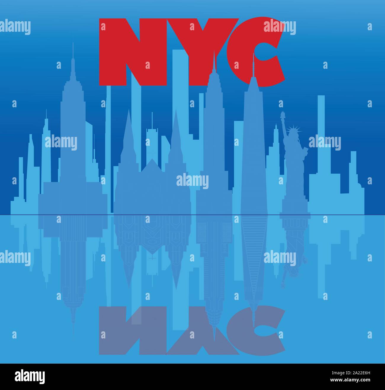 New York lettres rouges, des gratte-ciel et les icônes se reflétant dans l'eau bleu clair. Les voyages. Illustration de Vecteur