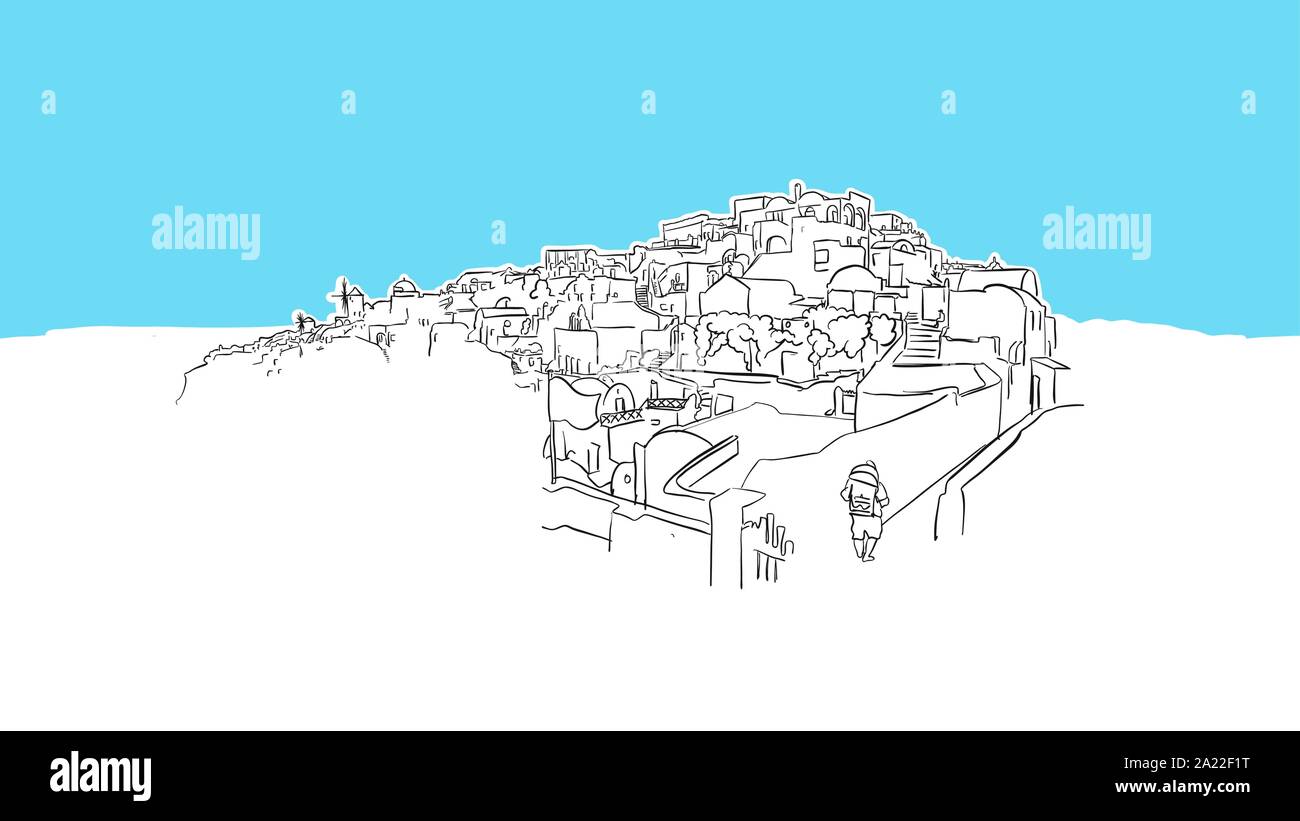 L'île de Santorin Grèce Lineart Croquis Vecteur Illustration tirée. et sur fond bleu. Illustration de Vecteur