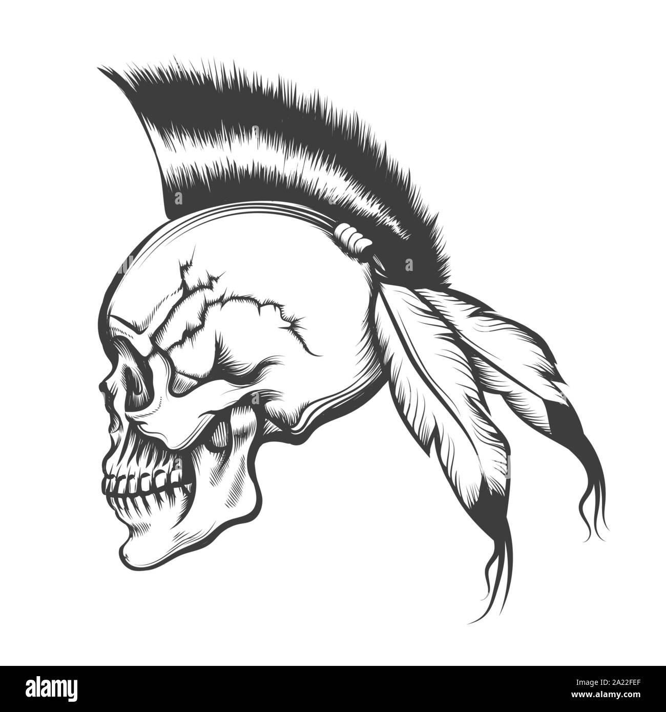 Crâne humain dessiné à la main avec les Iroquois style de cheveux et plumes d'aigle. Vector illustration Illustration de Vecteur