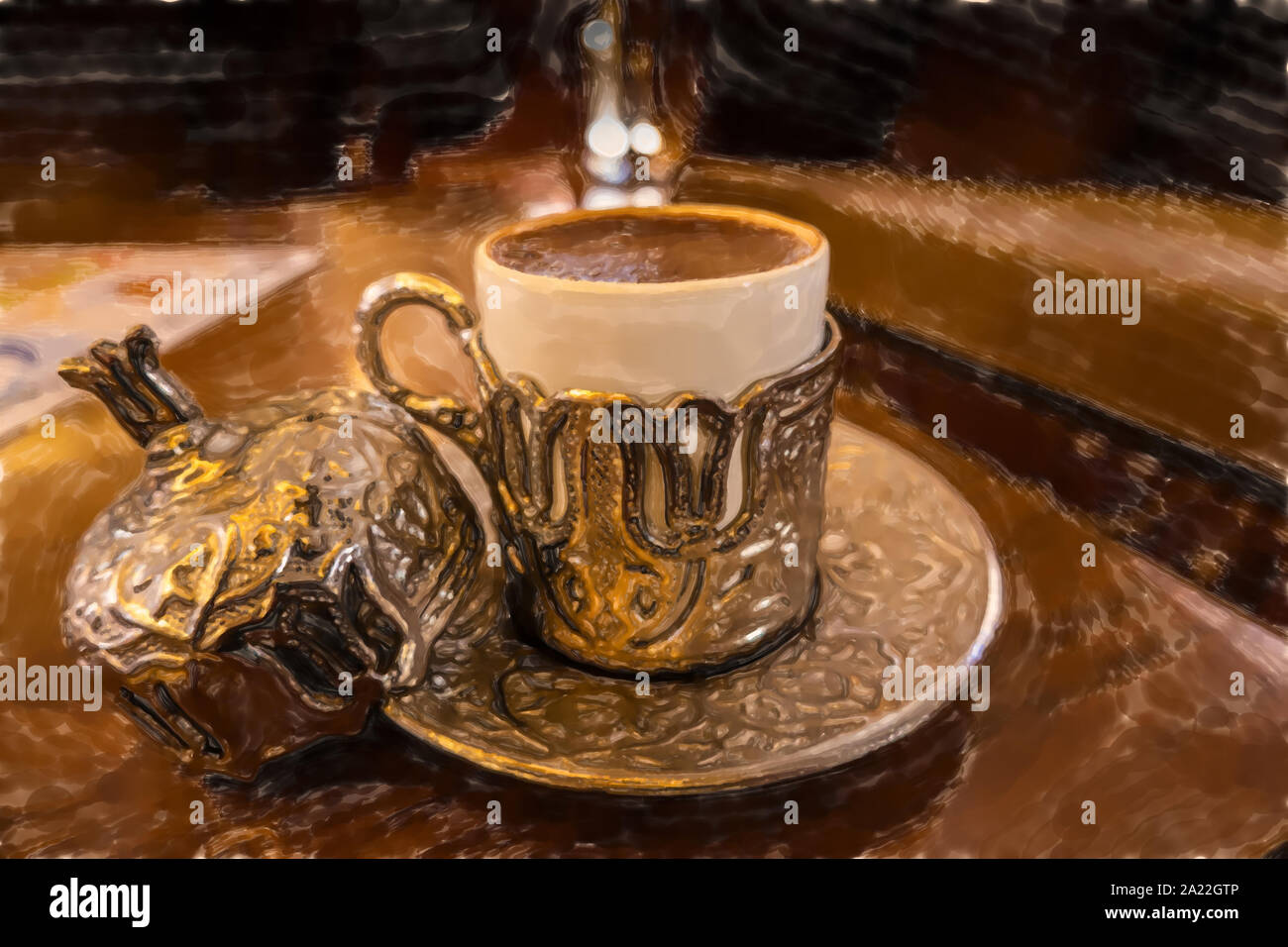 Illustration à l'aquarelle : richement décorées du petit commerce traditionnel de coupe de Turquie pour strong café noir. Banque D'Images