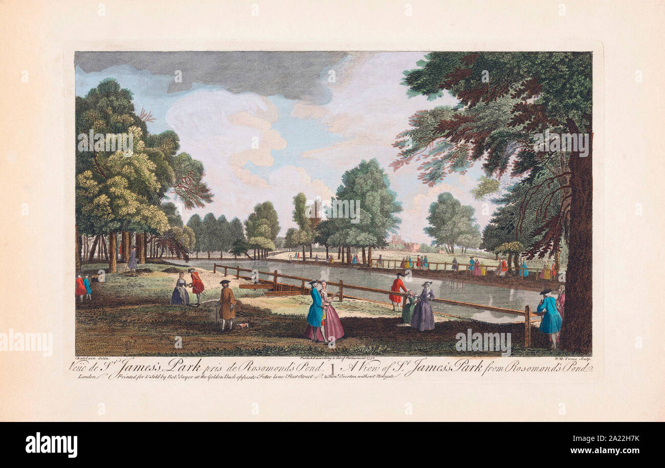 Une vue sur le parc de St James à partir de Rosomond's Pond. Après une gravure datée 1752 par William Henry Toms. La colorisation plus tard. Banque D'Images