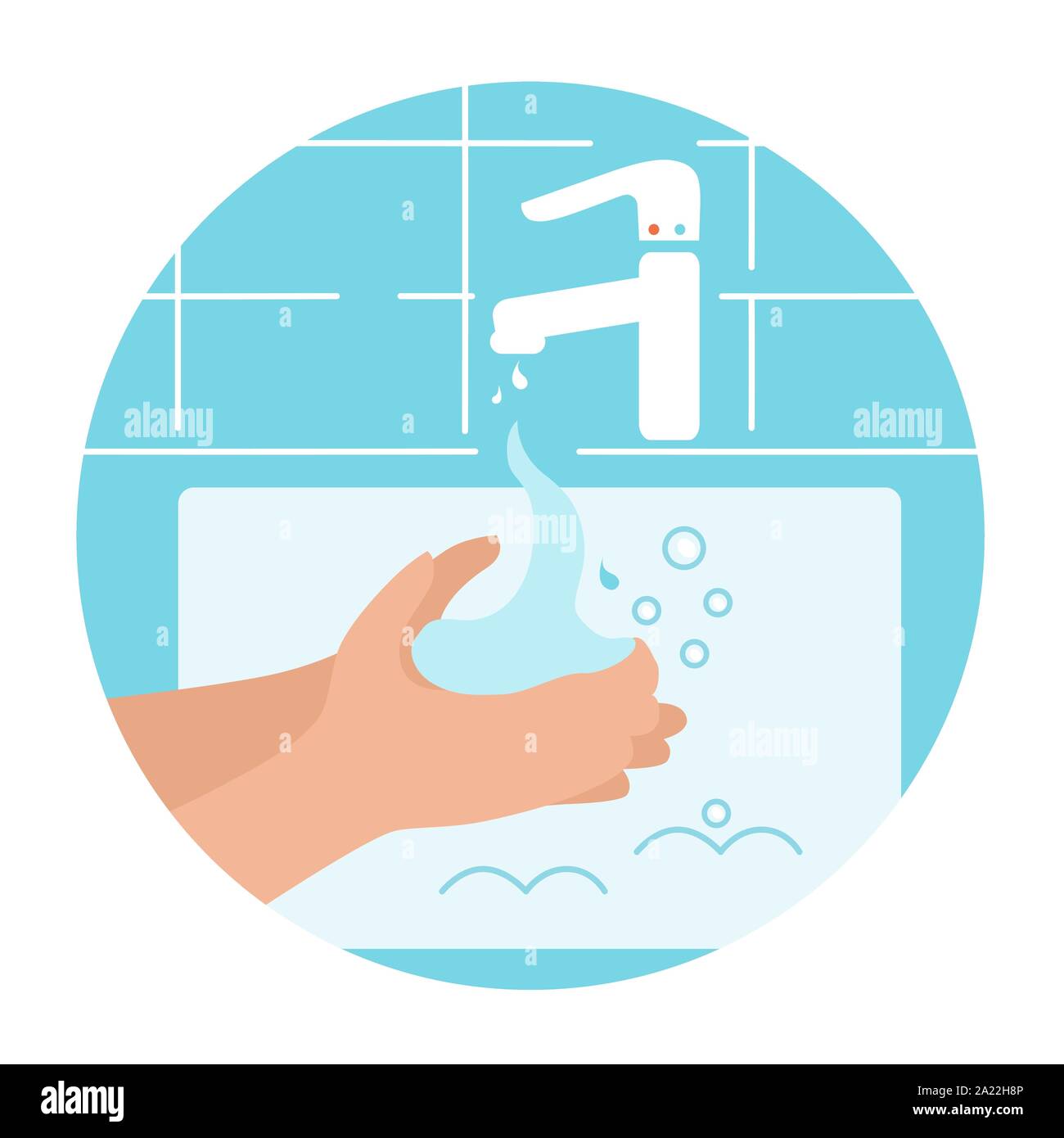 Illustrations vectorielles à propos de lavage, de l'hygiène, les soins de santé. Robinet de la salle de bain avec verser de l'eau, du savon et des mains. Modèle de conception, l'icône. Illustration de Vecteur