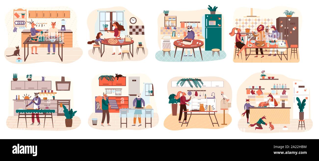Télévision cartoon vector de personnes la cuisson dans la cuisine. Collection Illustration servant de table, salle de concert, de manger des aliments. Ensemble de smiling, hommes, femmes et enfants, la préparation des repas pour le dîner. Illustration de Vecteur