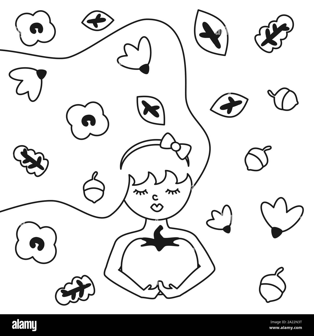 Moderne, tendance automne télévision noir et blanc illustration vectorielle pour colorer l'art avec femme élégante tenant un potiron avec les feuilles d'automne, les glands et flo Illustration de Vecteur