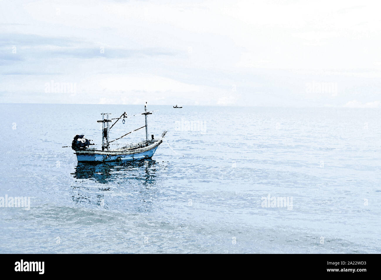 Aquarelle bateau en bois avec la canne à pêche à l'intérieur flottant sur l'eau . soft blue ciel et mer.Maison de vacances idée Banque D'Images