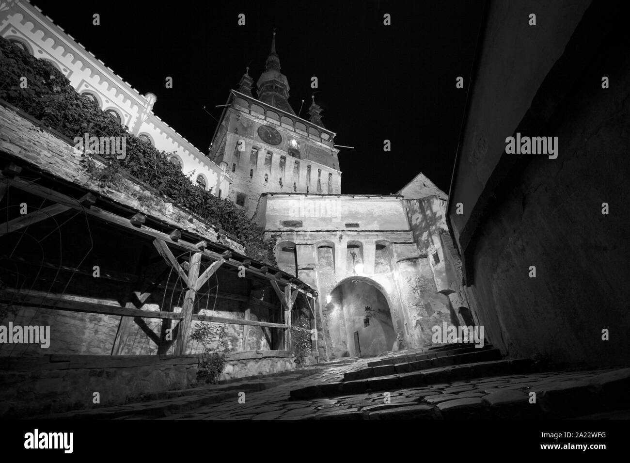Tour de l'horloge médiévale de Sighisoara Citadel et éclairés la nuit, Transylvanie, Roumanie Banque D'Images