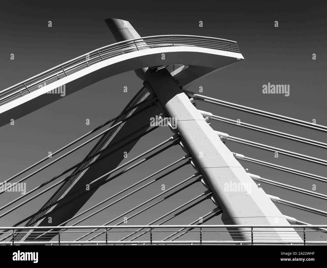 B&W vue détaillée de Puente del Milenio Bridge ('Millenium Bridge'), également connu sous le nom de Ponte del Milenio ou Puente de la Gaviota ('Seagull Bridge') Banque D'Images