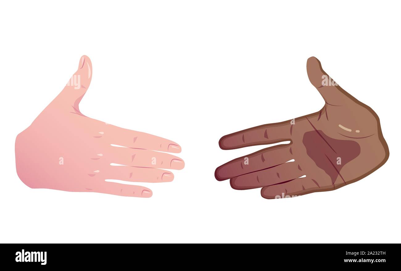 L'interracial entreprise. L'égalité dans le commerce. Deux mains de blanc et noir avant de poignée de main. Télévision vecteur Concept isolé sur fond blanc. Illustration de Vecteur