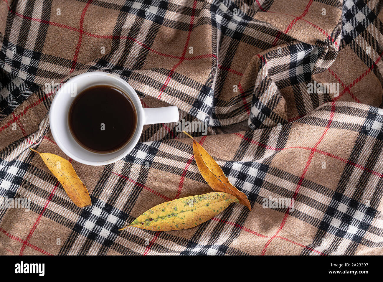 Une tasse de café sur une écharpe et quelques feuilles séchées sur un tableau blanc en automne Banque D'Images