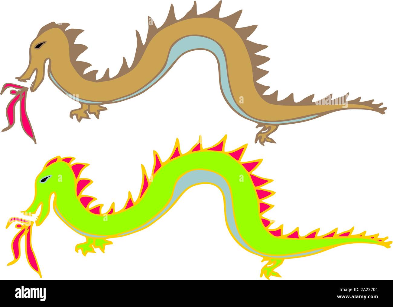 Dragons chinois stylisé et coloré ou rouge et or dragons chinois stylisé de l'or, argent et rouge couleur du dégradé Illustration de Vecteur