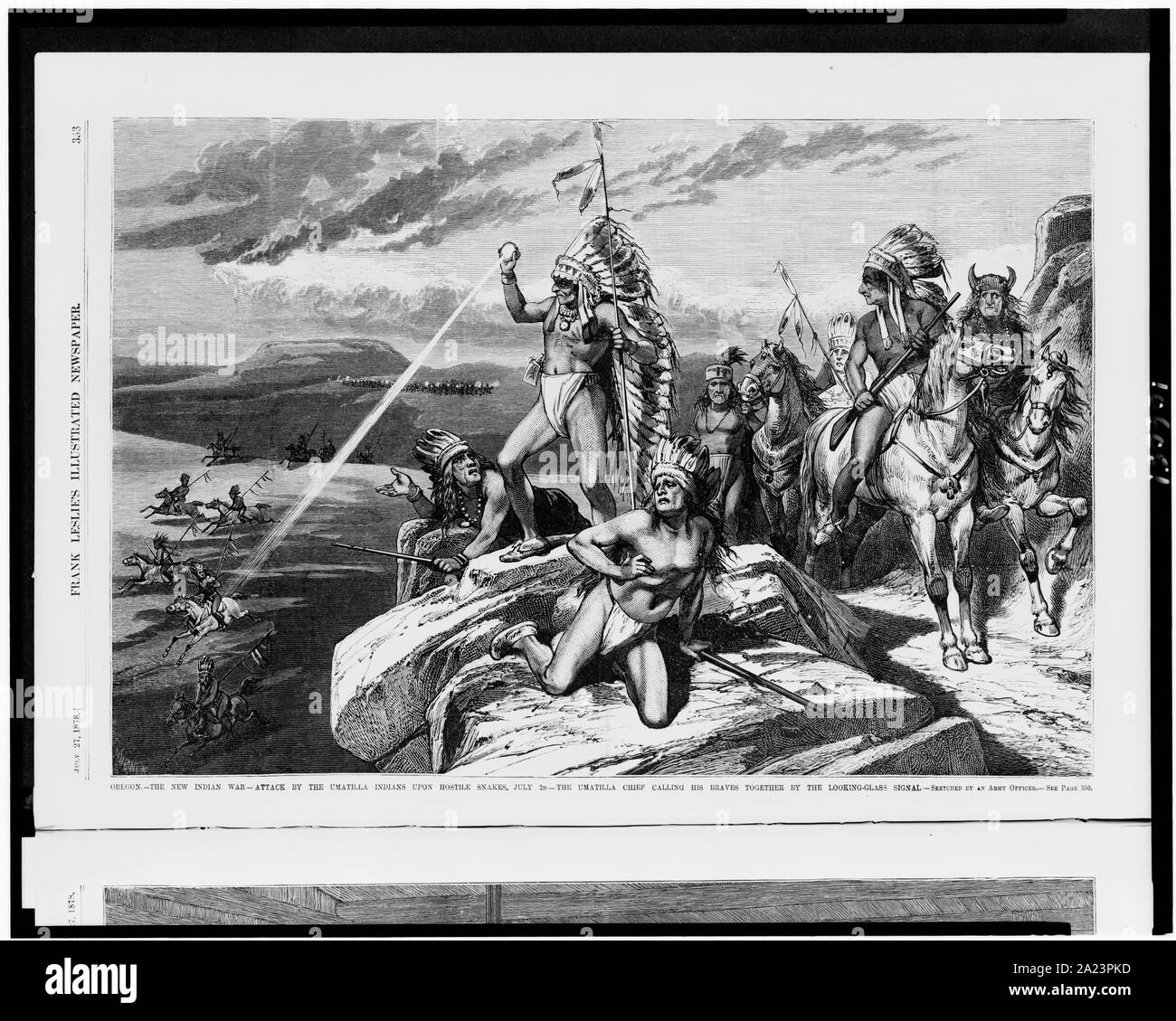 De l'Oregon. - La nouvelle guerre indienne - attaque par les Indiens d'Umatilla hostile sur les serpents, 2 juillet - le chef d'Umatilla appelant ses braves ensemble par la glace / signal dessiné par un officier de l'armée. Banque D'Images