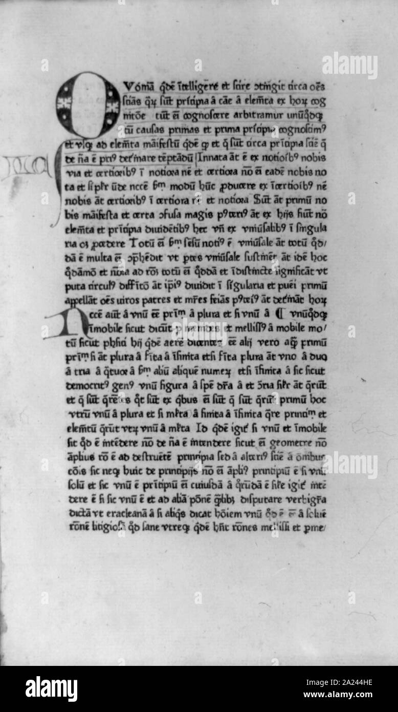 Page de texte dans Physica, décorées avec Q initiale Banque D'Images