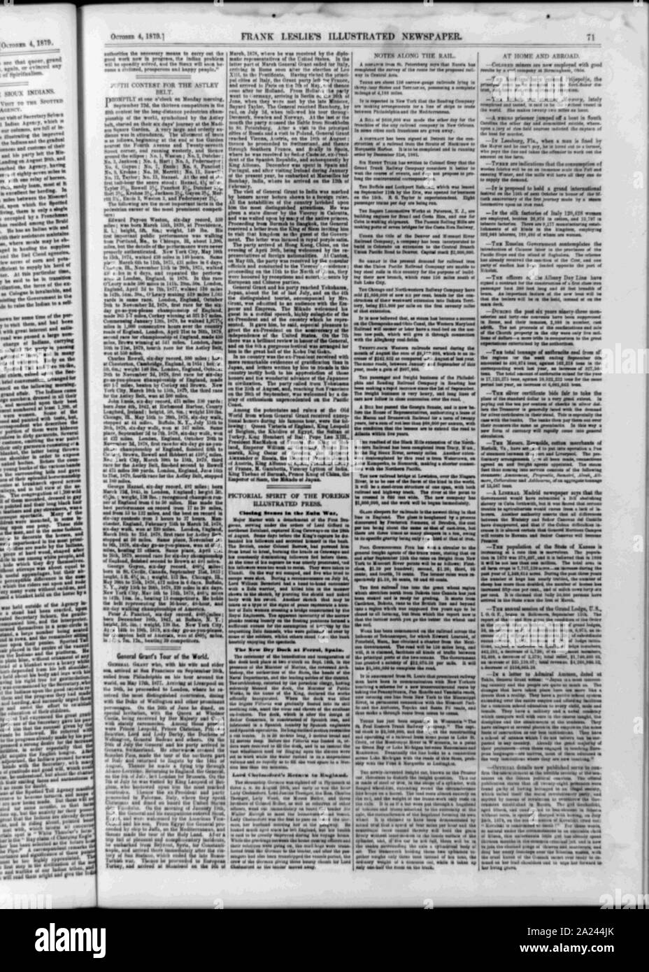 Page de texte avec aucun illus. de Frank Leslie's Illustrated Newspaper, 4 octobre 1879, p. 71, contenant des articles : Cinquième concours pour l'Astley courroie ; général Grant's Tour du monde ; fermeture des scènes dans les zulu war ; la nouvelle cale sèche à Ferrol, Espagne ; lord Chelmsford's Retour à l'Angleterre ; Notes le long du rail ; à la maison et à l'étranger Banque D'Images