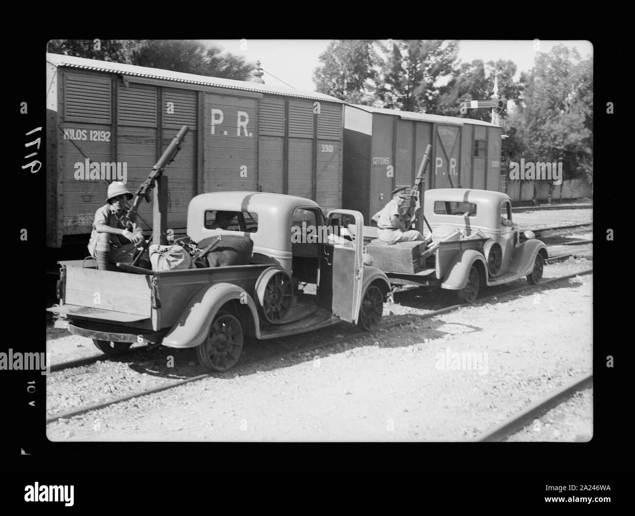 Les perturbations de la Palestine de 1936. Nouveau trollies de mitrailleuses débarqué de la S.S. et Dorsetshire mis sur la voie ferrée à patrole, c.-à-d. les chemins de Palestine de patrouille Banque D'Images