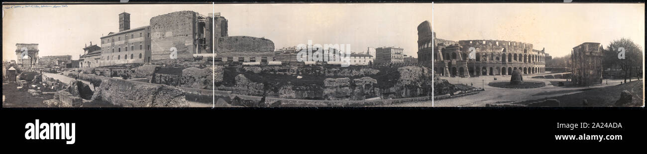 Vue panoramique du Forum affichage Arc de Titus, Colisée et Arc de Constantin ; Banque D'Images