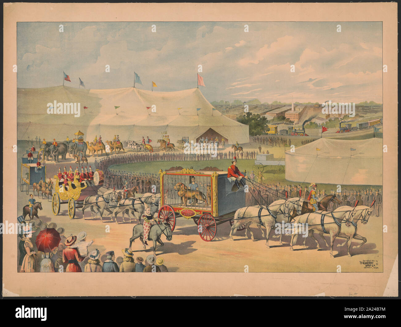 Parade avec lion en cage sur un chariot, tente de cirque en arrière-plan Banque D'Images