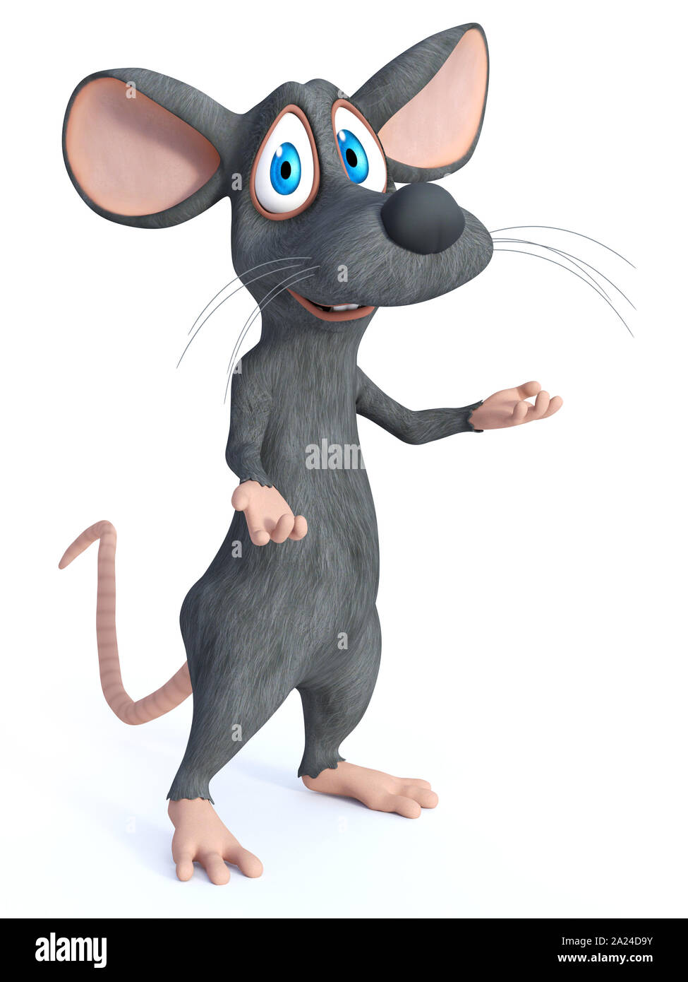 Le rendu 3D d'un dessin animé mignon sourire permanent de la souris avec ses bras tendus dans un cadre accueillant posent comme il est dit ou vous souhaits tada. Bac blanc Banque D'Images