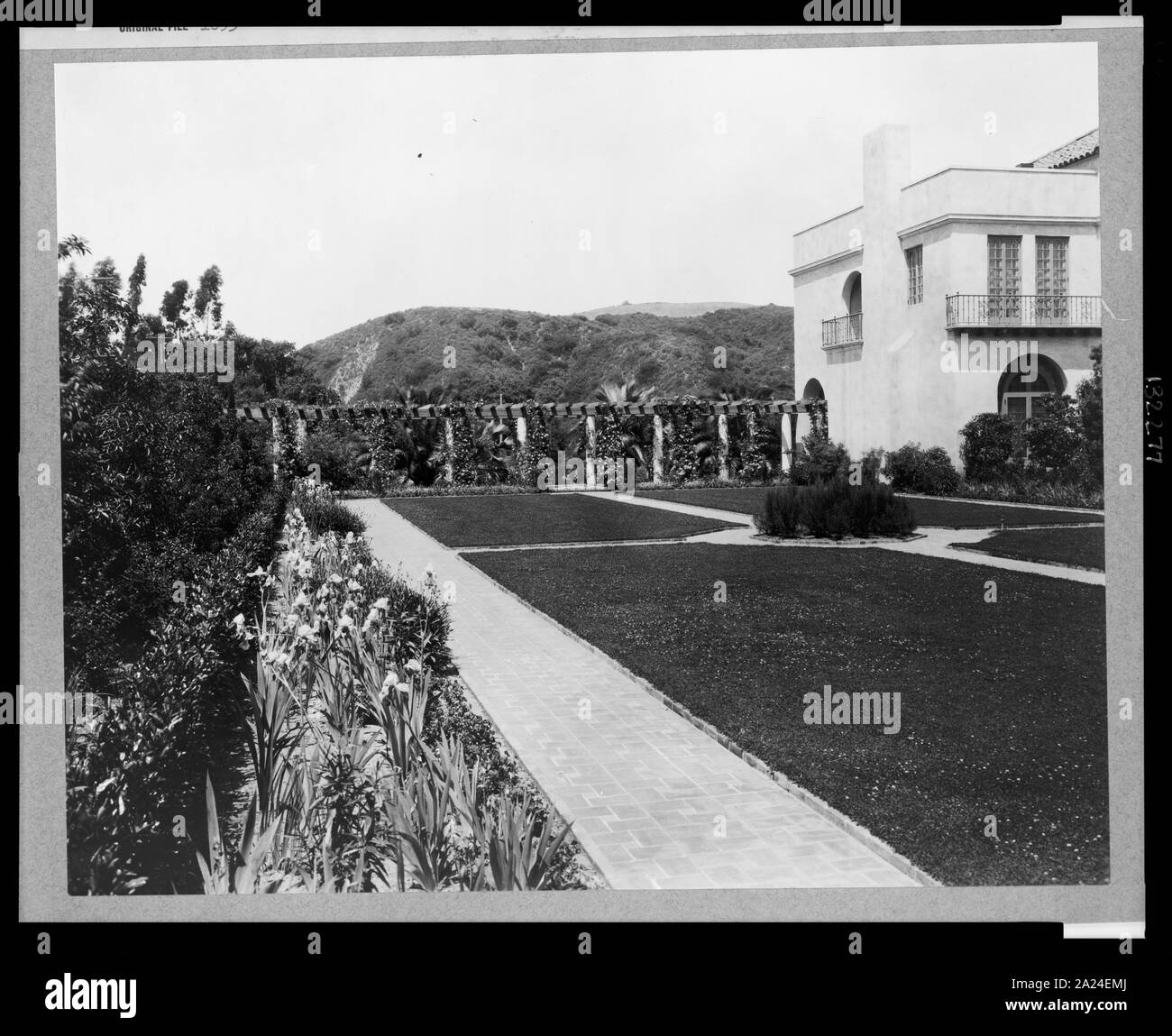 Pasadena, Californie, Mme Herbert Coppell accueil - vue sur jardins, pelouse formelle, et collines en arrière-plan / photo par Frances Benjamin Johnston. Banque D'Images