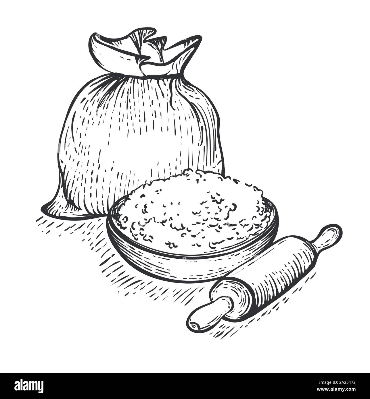 Sac de jute avec bol de farine et Rolling pin isolé sur fond blanc. Tirer la main dans leur gravure illustration vectorielle Illustration de Vecteur