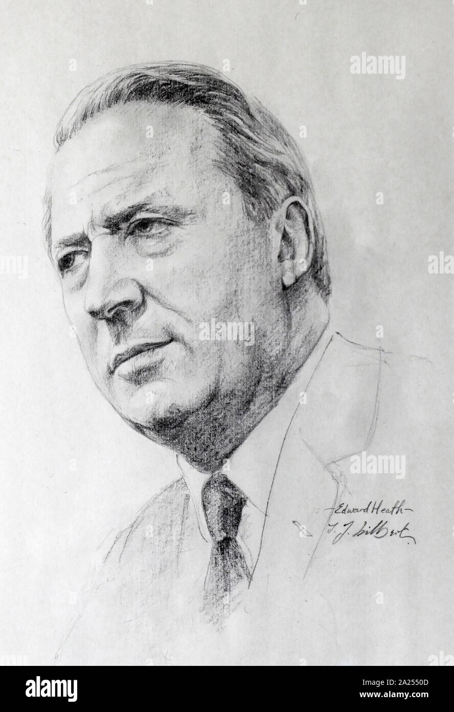 Crayon Portrait de Sir Edward Heath, (1916 - 2005), connu sous le nom de Ted Heath, était un homme politique britannique qui fut Premier Ministre du Royaume-Uni de 1970 à 1974 et chef du parti conservateur de 1965 à 1975. Par J J Hilbert. Banque D'Images