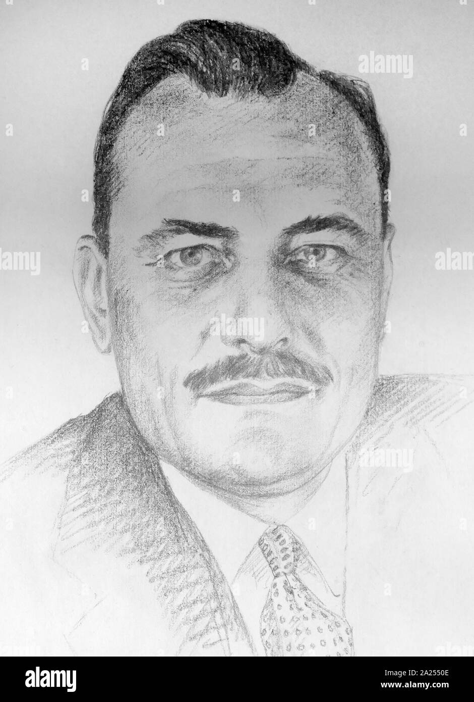 Portrait au crayon de Jean Enoch Powell, (1912 - 1998), homme politique britannique, érudit et poète classique. Il a été un député conservateur (MP, 1950-74), l'Ulster Unionist Party (UUP) MP (1974-87), et ministre de la santé (1960-1963). Par J J Hilbert. Banque D'Images