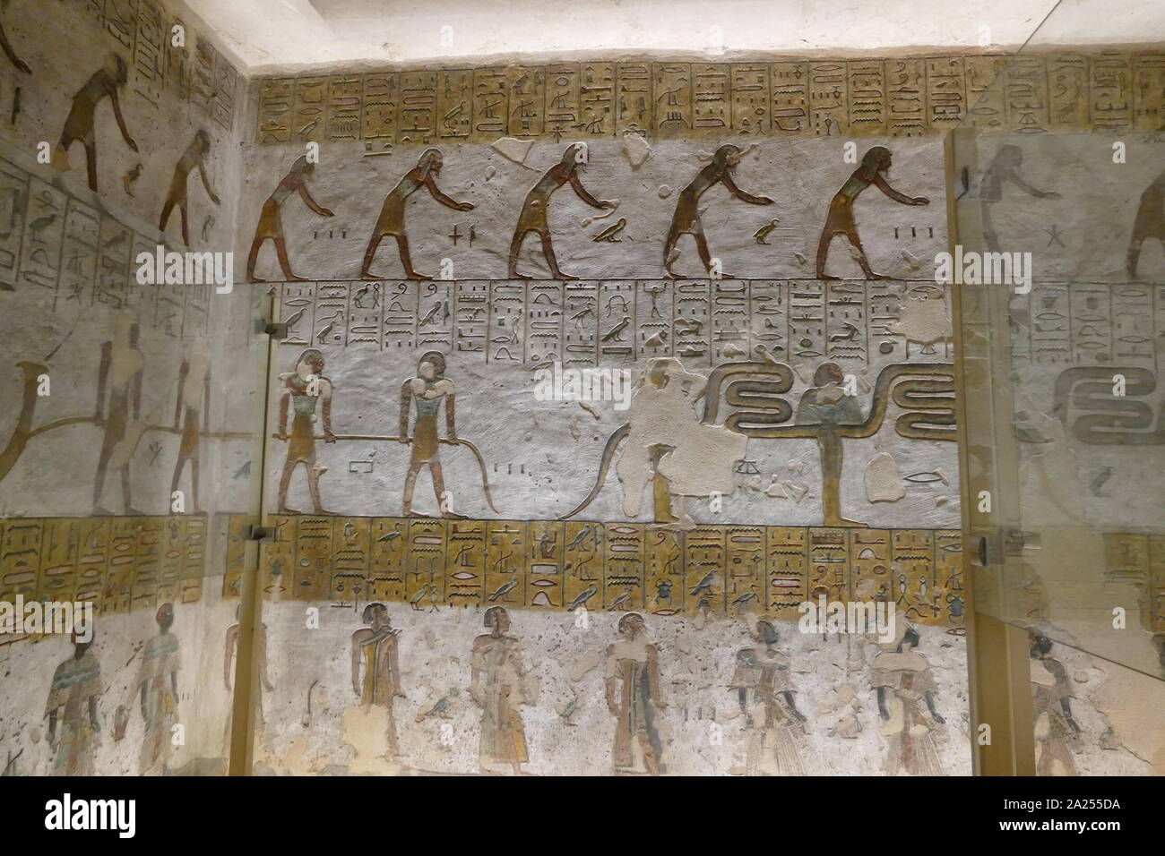 Peintures murales dans la Tombe KV11, est le tombeau de pharaon égyptien Ramsès III. Situé dans la vallée principale de la Vallée des Rois, la tombe a été initialement lancé par Setnakhte. Usimare Ramsès III (également écrit Ramsès et Ramsès) a été le deuxième Pharaon de la xxe dynastie. Il est considéré comme le dernier monarque du nouveau royaume d'exercer aucune autorité sur l'Égypte. Banque D'Images