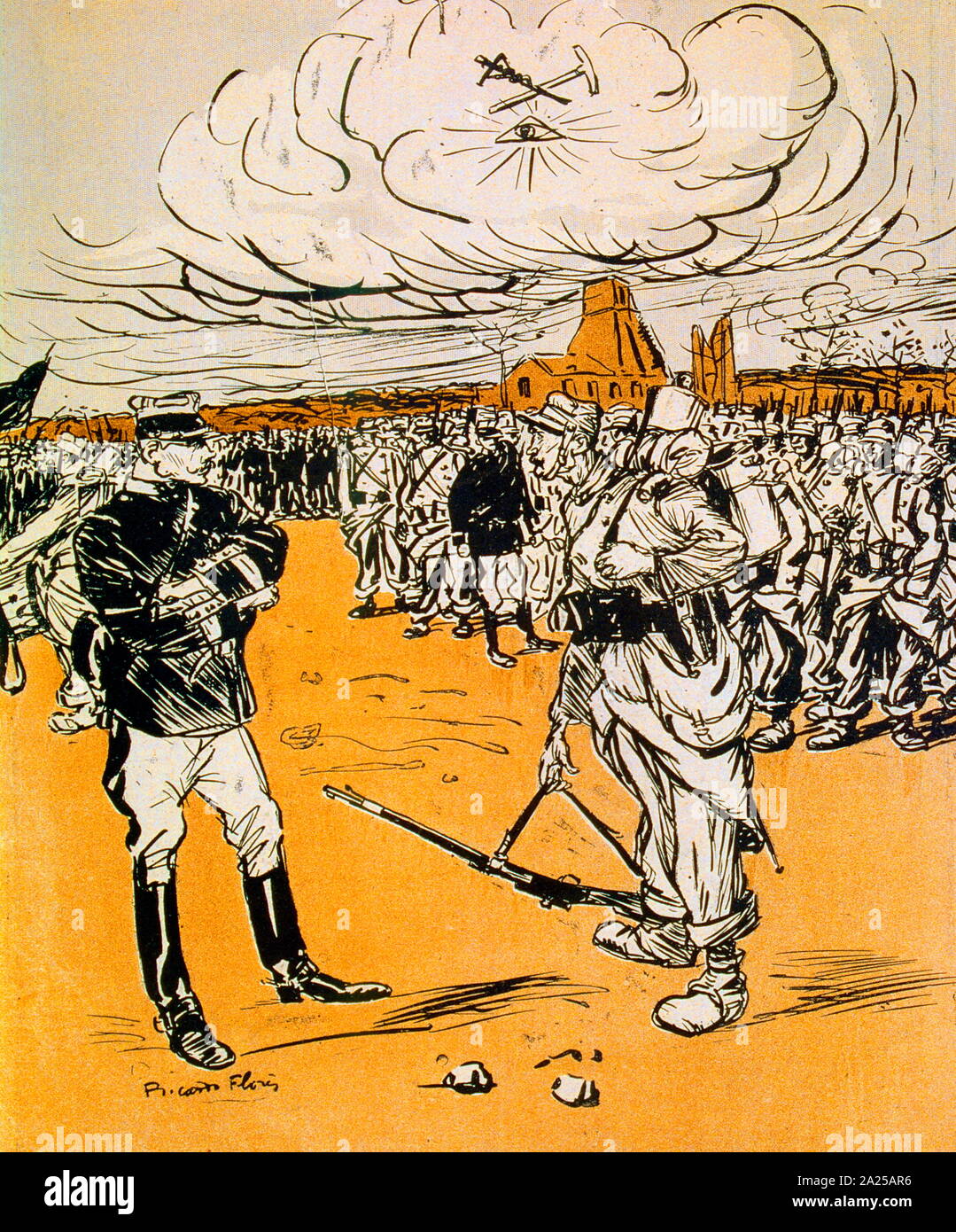 Caricature de Ricardo Florres, officier militaire français pieuse représentant d'être contesté par des soldats mutins indiscipliné Banque D'Images