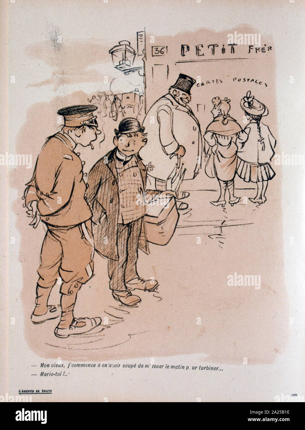 Illustration satirique français, 1906, montrant, un groupe de personnes dans une rue de Paris Banque D'Images