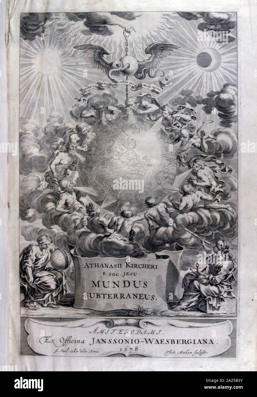 Illustration de 'Mundus' Micromys minutus par Athanasius Kircher, (1602 - 1680), érudit et polymathe jésuite allemand qui a publié près de 40 œuvres majeures. Ses recherches géologiques et géographiques ont abouti à son Micromys minutus Mundus de 1664, dans lequel il suggère que les marées ont été causés par l'eau déménagement vers et à partir d'un océan souterrain Banque D'Images