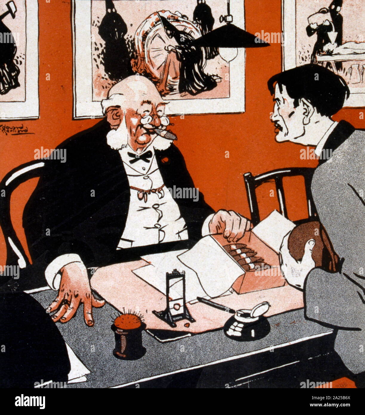 Illustration satirique français montrant un riche employeur avec havanes parlant à un pauvre employé désespéré Banque D'Images