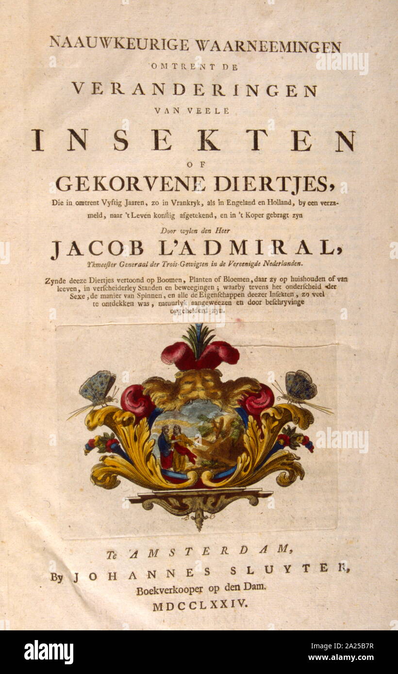 Page de titre du livre de botanique, Néerlandais, 'Naauwkeurige waarneemingen» (Précision des observations), par l'amiral Jacob, ca. 1774 Banque D'Images