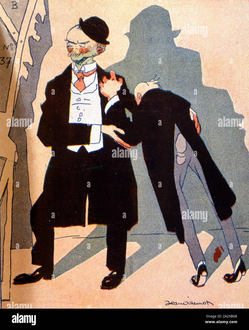 Illustration satirique français, montrant deux hommes d'ébriété chaque consolante de l'autre. 1907 Banque D'Images