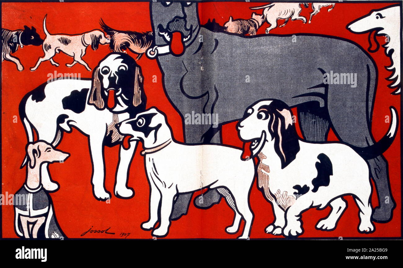 Illustration satirique français de 1909, montrant les chiens à la recherche sur un pedigree au petit chien. 1907 Banque D'Images