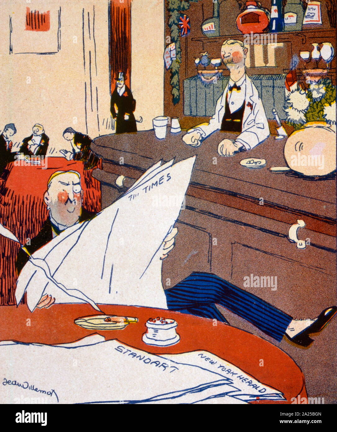 Illustration satirique français, représentant un couple anglais dont le  'Times' qu'il attend pour prendre un verre dans un bar. 1907 Photo Stock -  Alamy
