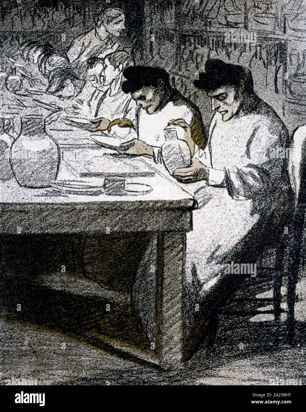 Illustration satirique français, représentant les travailleurs de la poterie qui travaillent dans des conditions dangereuses. 1907 Banque D'Images