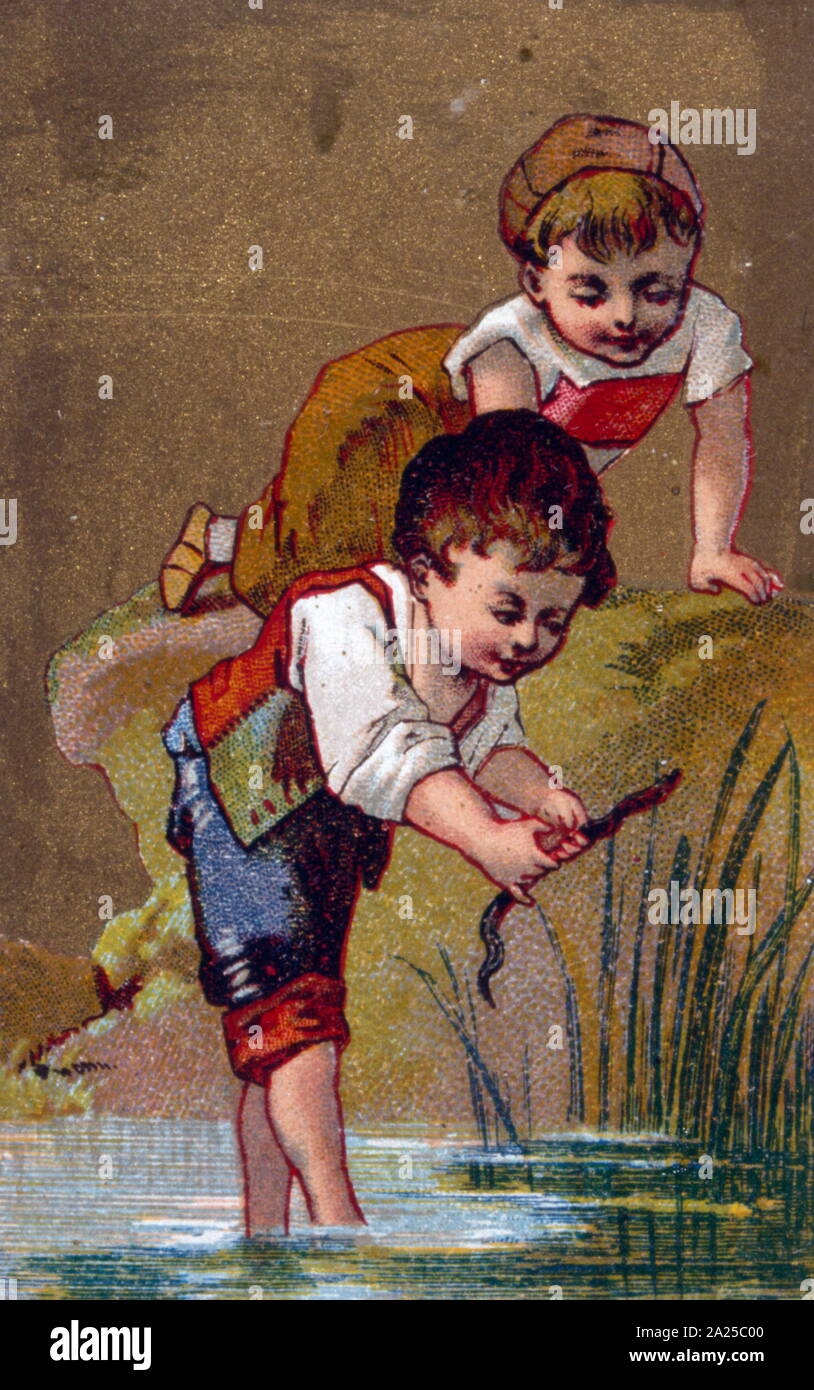 Illustration montrant deux enfants jouant par une rivière (Français) 1890 Banque D'Images