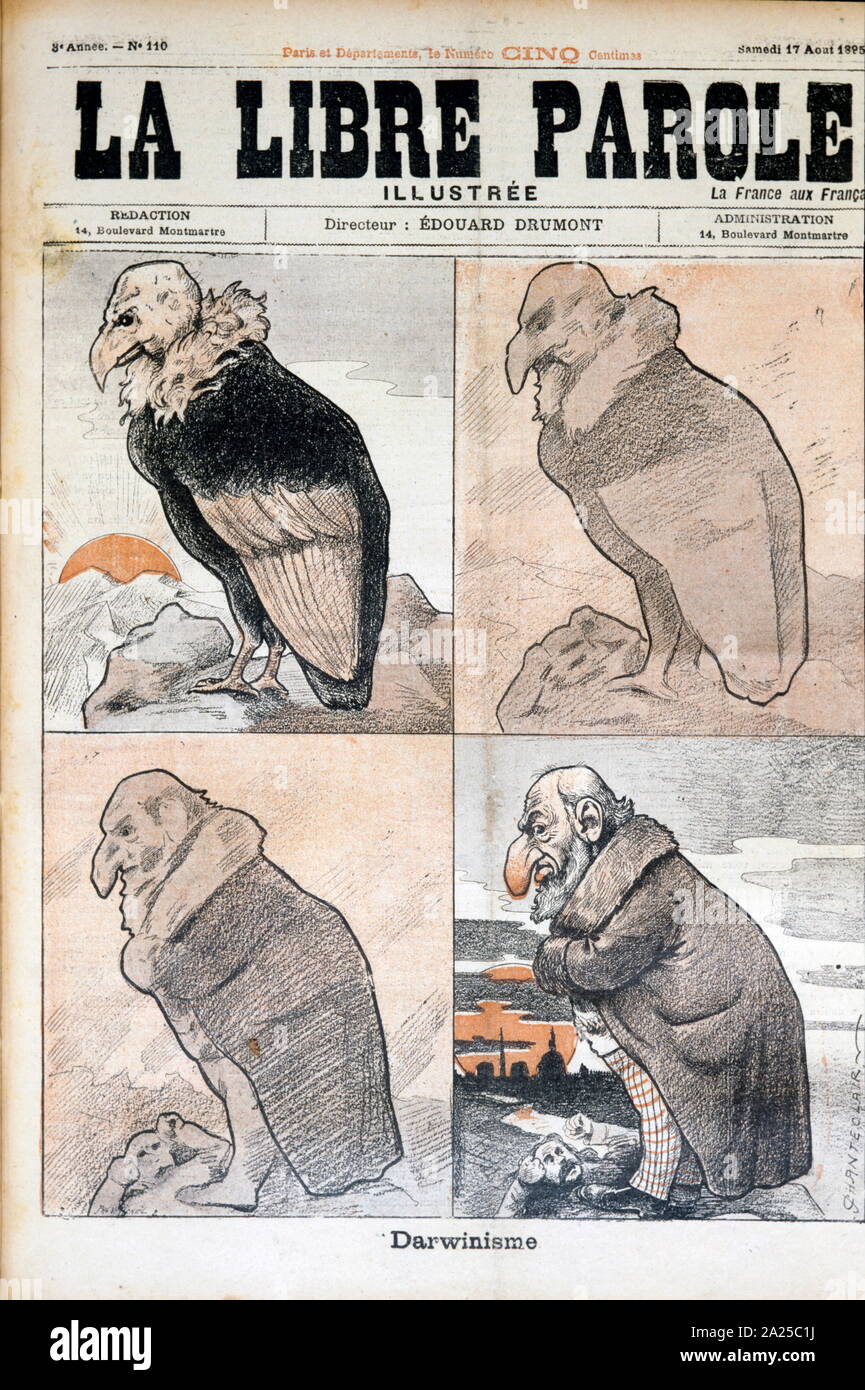 Illustration satirique commémorant du darwinisme. 1895. Le darwinisme est une théorie de l'évolution biologique développé par le naturaliste anglais Charles Darwin (1809-1882) et d'autres, indiquant que toutes les espèces d'organismes se présentent et se développer grâce à la sélection naturelle des petites variations héritées, qui augmentent la capacité de l'individu à faire concurrence, de survivre, et de se reproduire. Banque D'Images