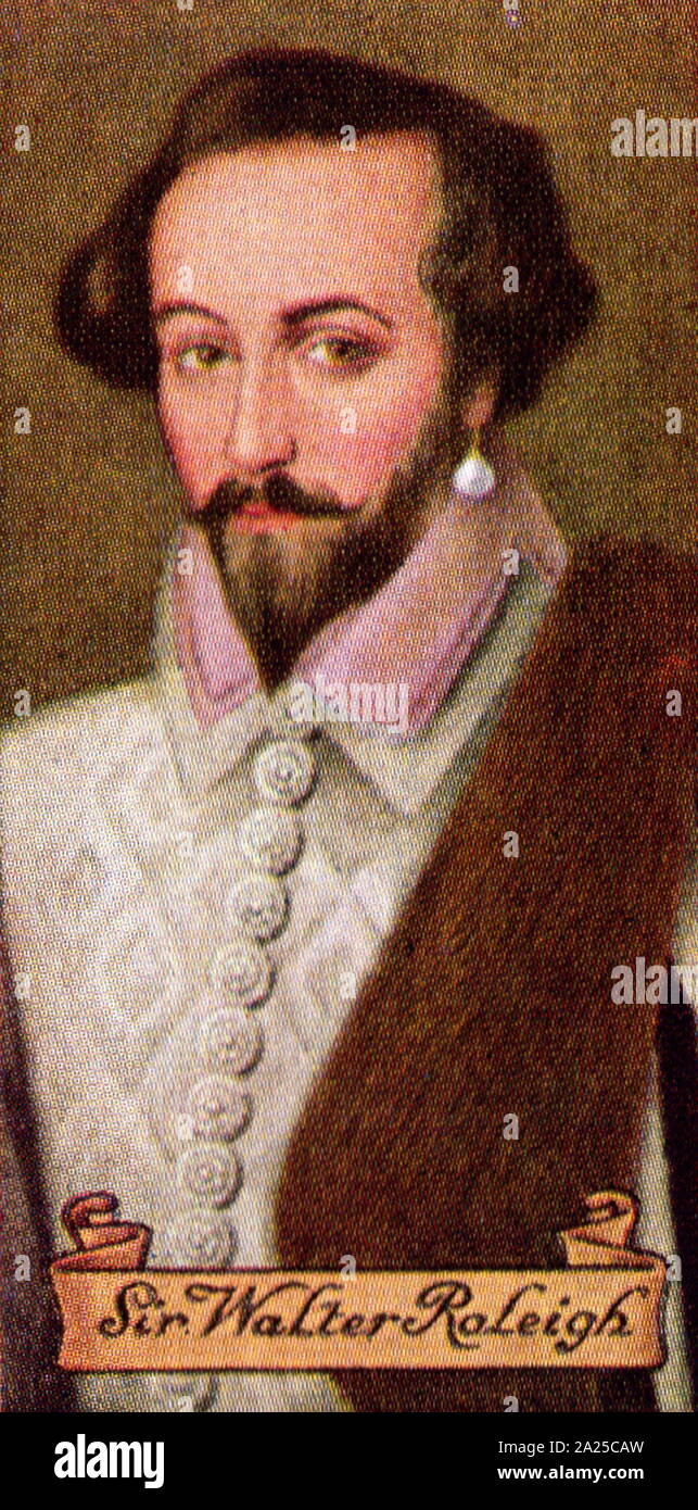 Sir Walter Raleigh (c. 1552 - 1618), explorateur anglais. Il était cousin de sir Richard Grenville et plus jeune demi-frère de Sir Humphrey Gilbert. Il est également bien connu pour la popularisation de tabac en Angleterre. Raleigh a été l'un des plus grands personnages de l'ère élisabéthaine. Carreras cigarette card Banque D'Images