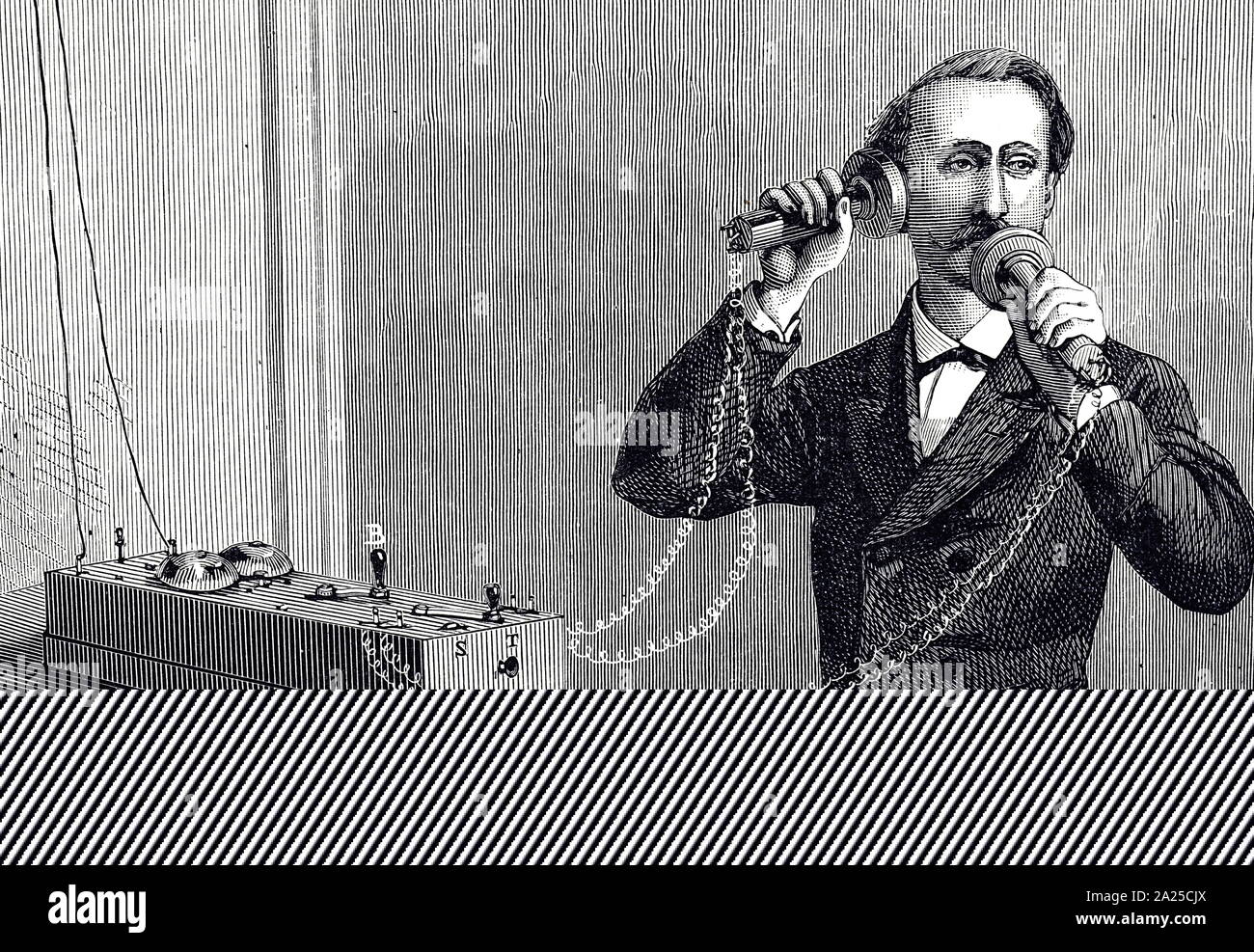 Gravure illustrant l'utilisation d'un téléphone Bell, inventé par Alexander Graham Bell. Alexander Graham Bell (1847-1922) un scientifique, inventeur, ingénieur, et l'innovateur. En date du 19e siècle Banque D'Images